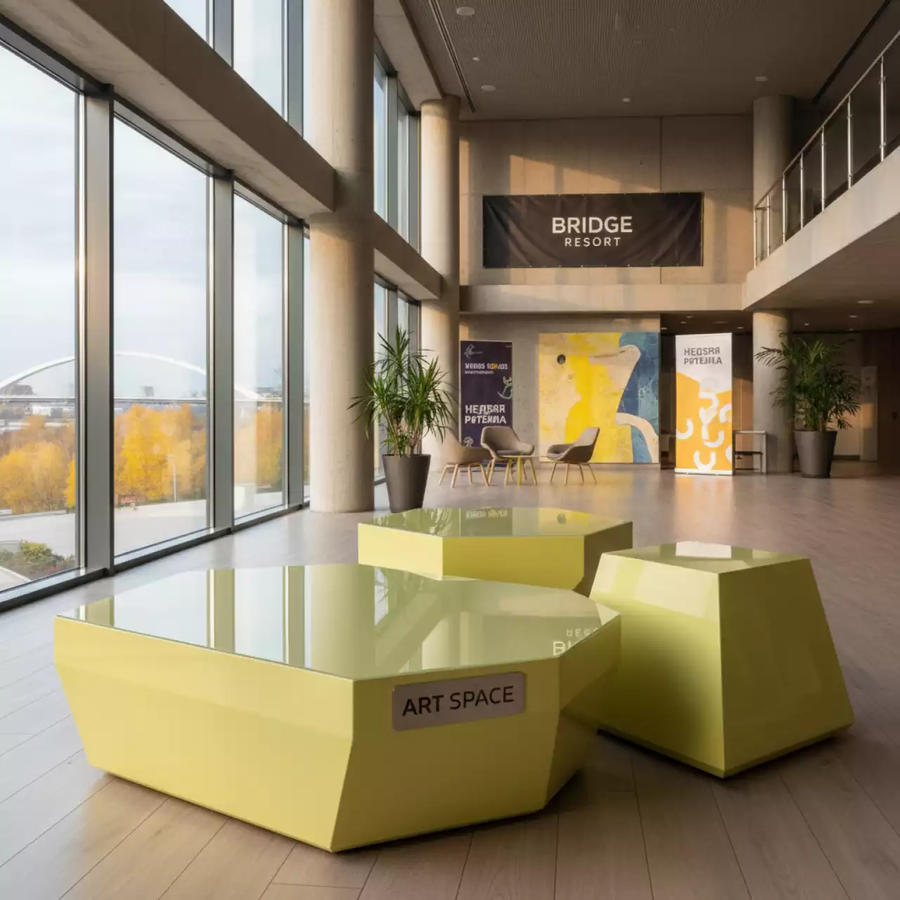 Аренда Пуфы столы лимонные НОРМАН набор из 3 в Bridge Resort — ART SPACE