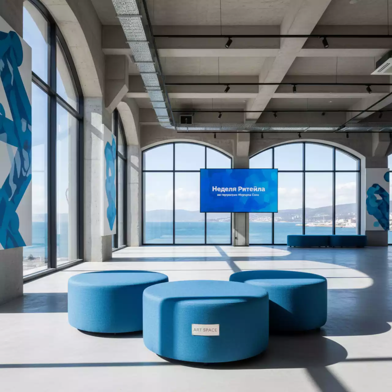 Аренда Пуфы столы НОРМАН голубые набор из 3 на территории Морпорта Сочи — ART SPACE