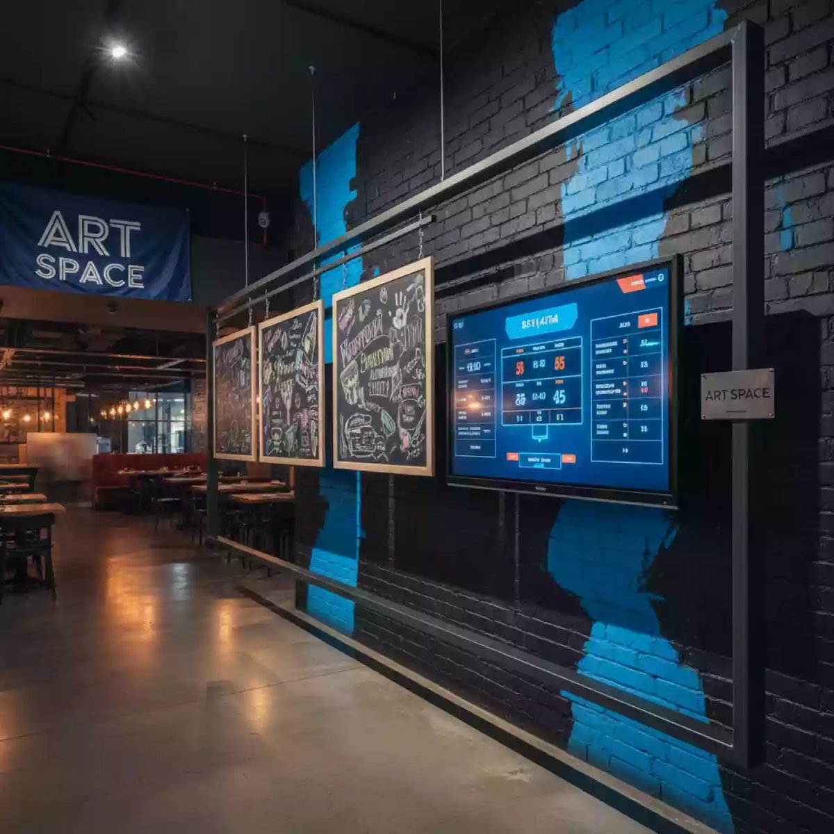 Аренда Рельсовая система Skilo с четырьмя меловыми досками и интерактивной панелью 65 в ресторане «Сыроварня» — ART SPACE