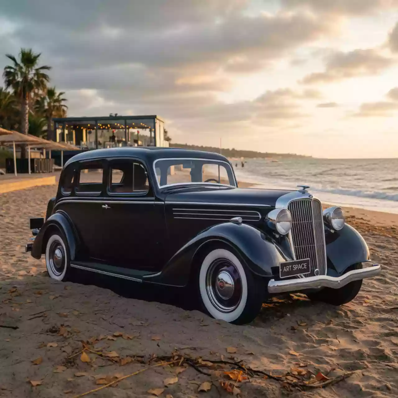 Аренда Ростовая фигура гангстерский автомобиль на пляже «Ривьера» — ART SPACE