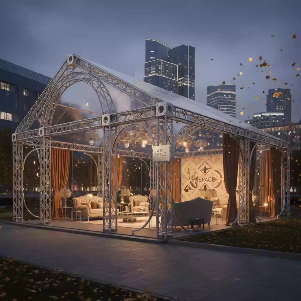 Аренда Шатер двухскатный из ферм 10х8 металлик в VK Stadium Sirius — ART SPACE