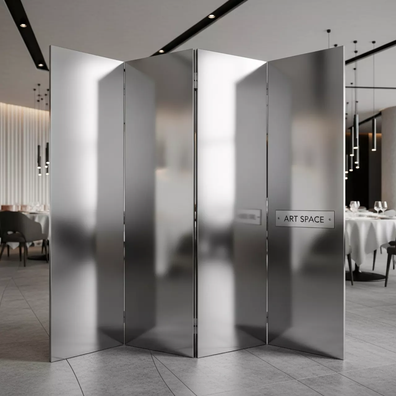 Аренда Ширма Fold Silver серебристая в ресторане «Brunello» — ART SPACE