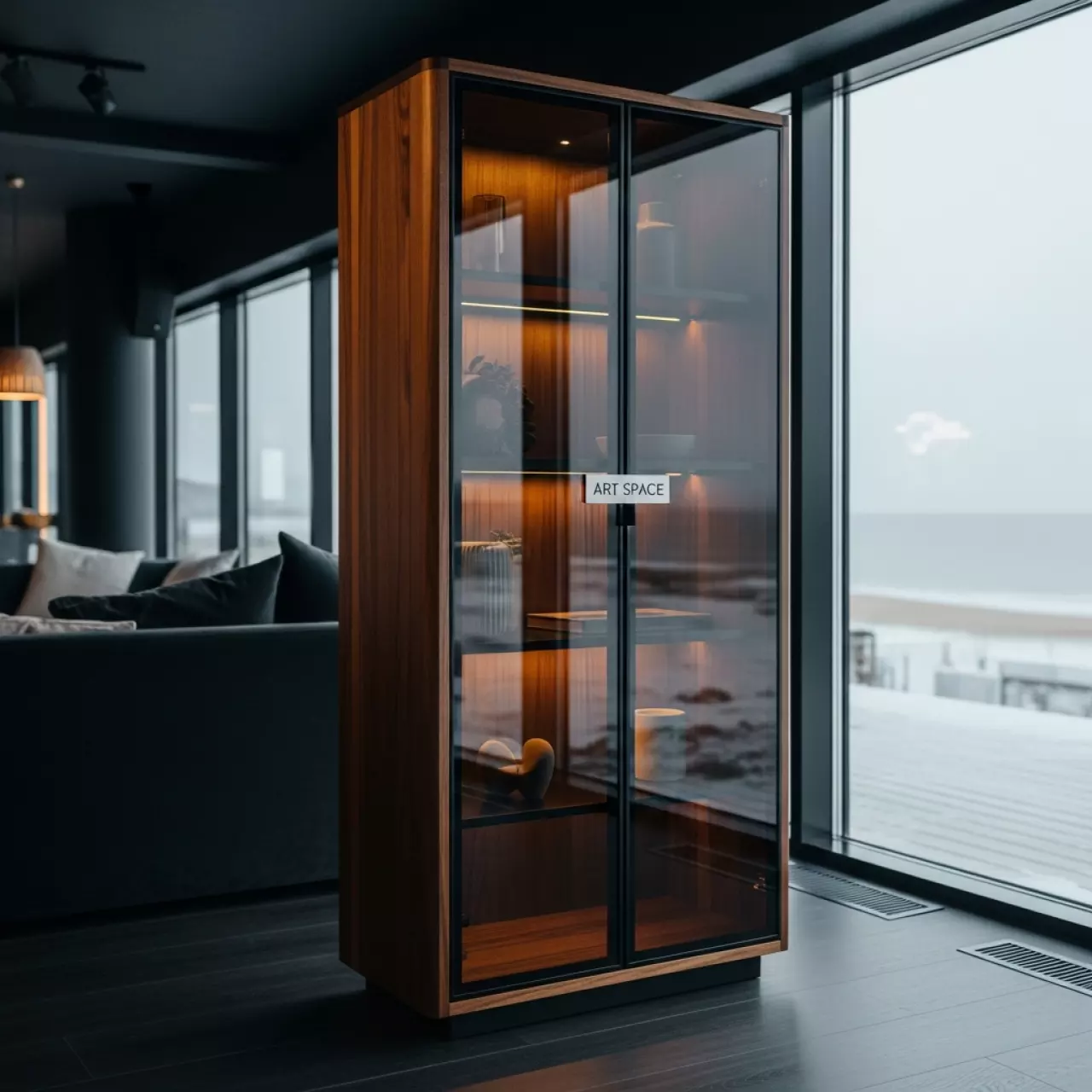 Аренда Шкаф стеллаж с черным стеклом 798х446х2112 венге на пляжных клубах Хосты — ART SPACE