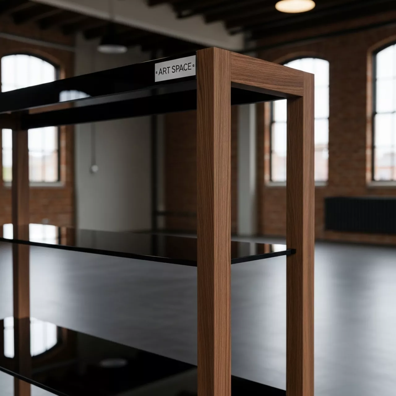 Аренда Шкаф стеллаж с черным стеклом 798х446х2112 венге в лофте «Студия 21» — ART SPACE