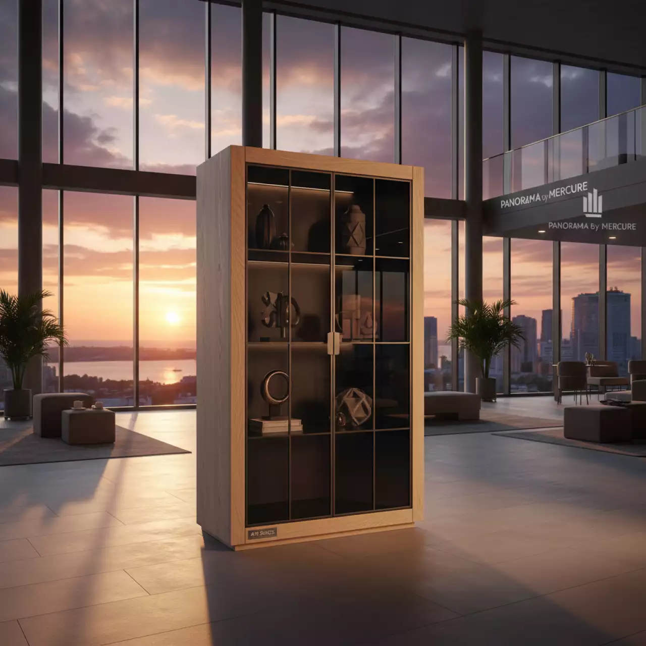 Аренда Шкаф стеллаж с черным стеклом шамони светлый в Panorama by Mercure — ART SPACE