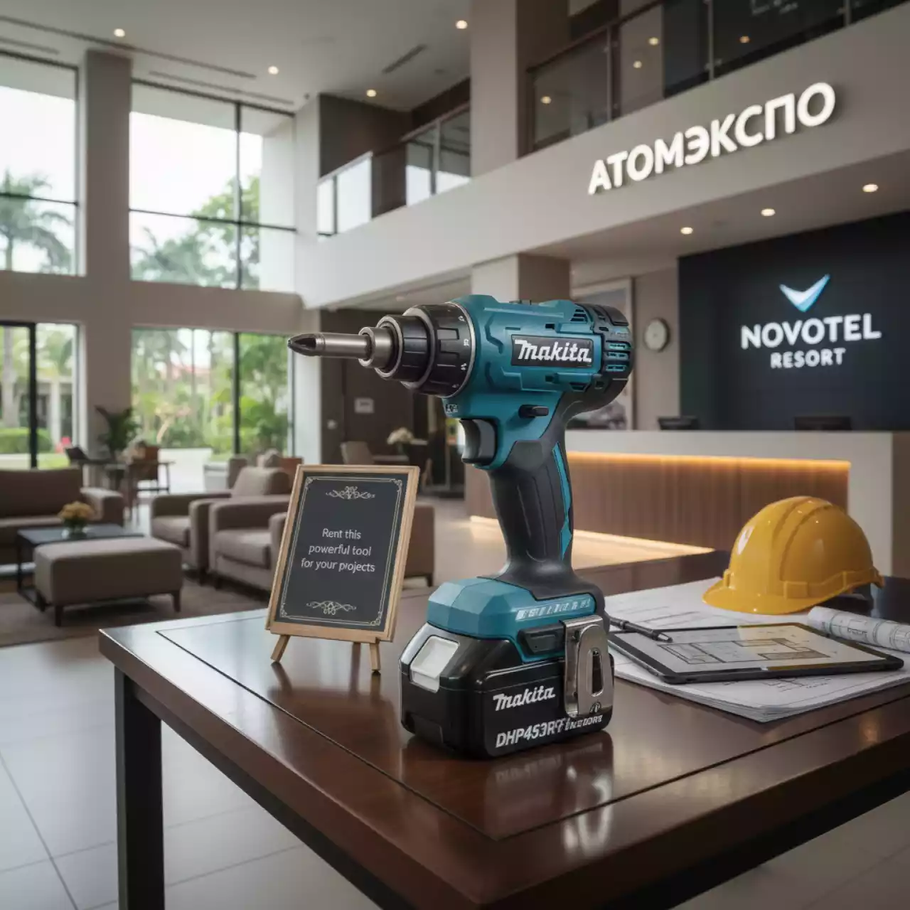 Аренда Шуруповерт аккумуляторный ударный Makita DHP453RFE в Novotel Resort – АТОМЭКСПО — ART SPACE
