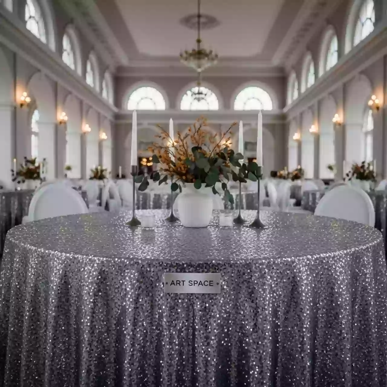 Аренда Скатерть банкетная с серебряными пайетками в санатории «Металлург» — ART SPACE