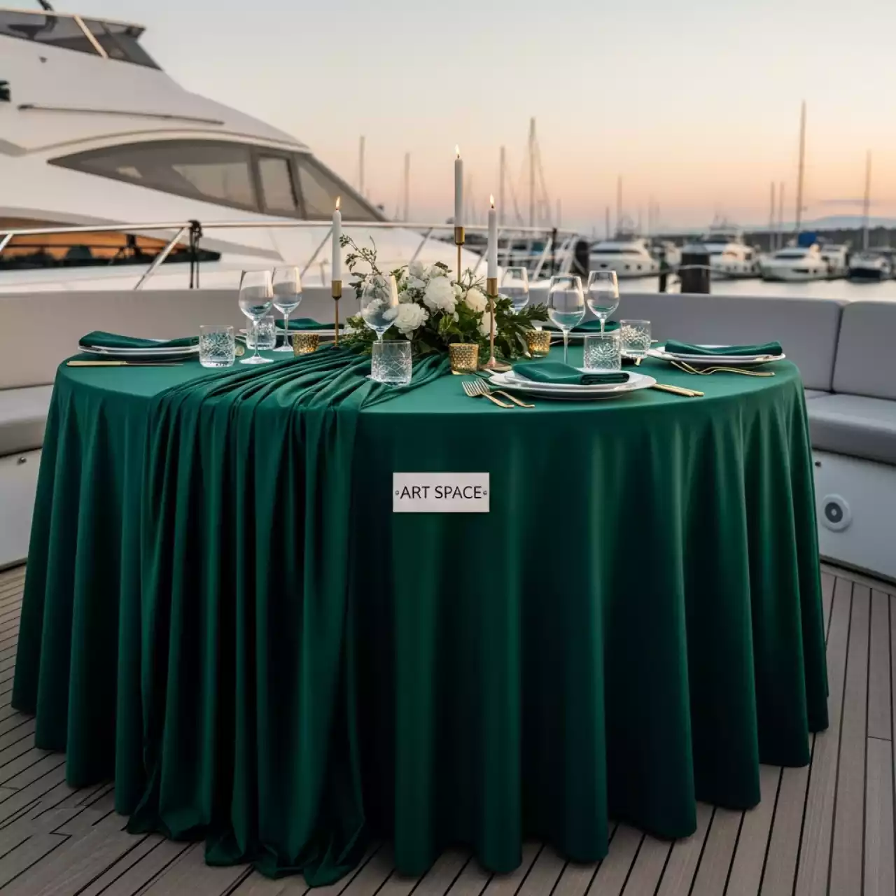 Аренда Скатерть бархатная круглая ИЛЕР зеленая на VIP-яхте (Имеретинский порт) — ART SPACE