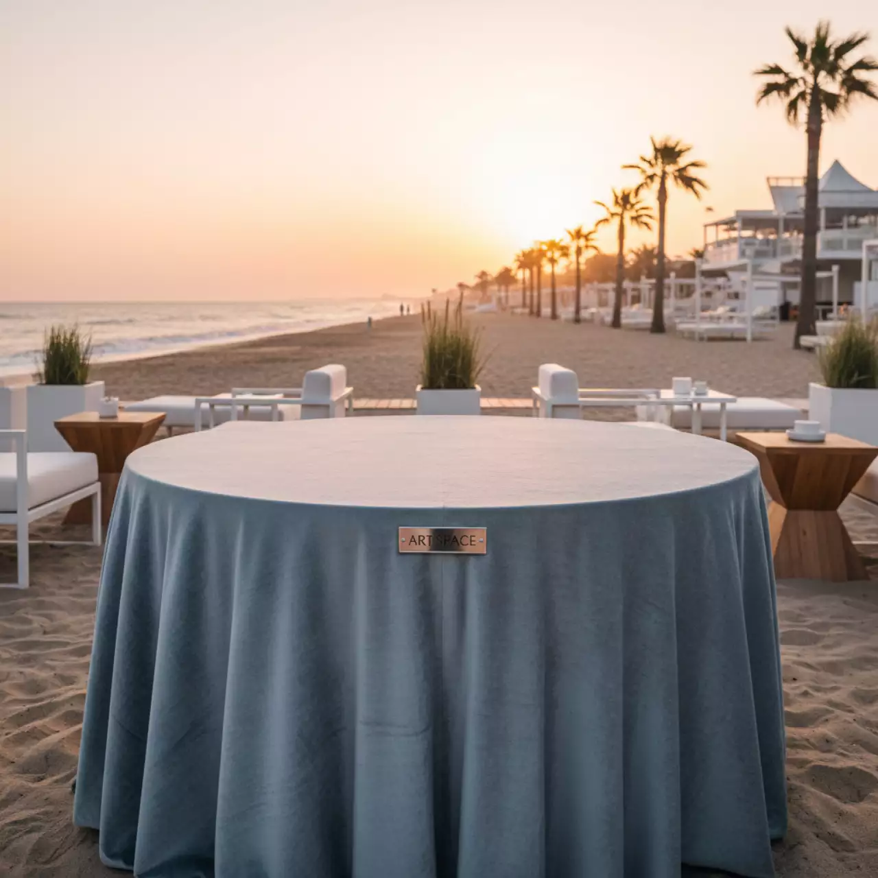 Аренда Скатерть бархатная круглая серо голубая ИЛЕР на пляжных клубах Хосты — ART SPACE
