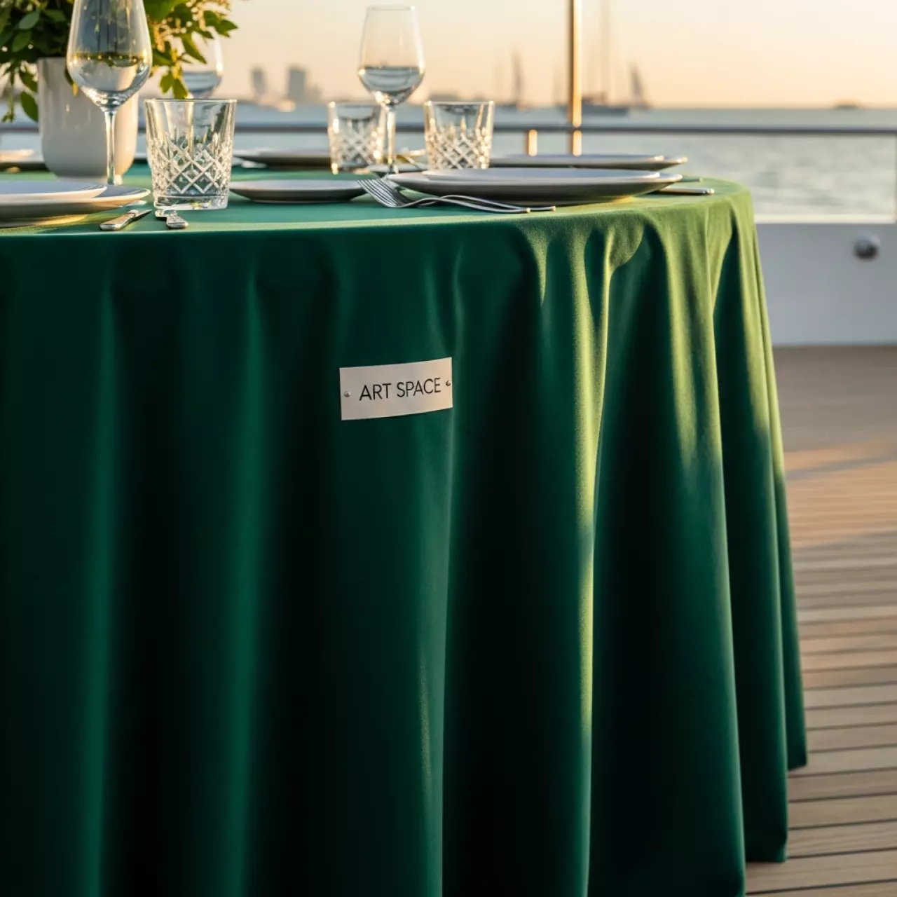 Аренда Скатерть бархатная круглая зеленая Илер на парусной регате (Сочи) — ART SPACE