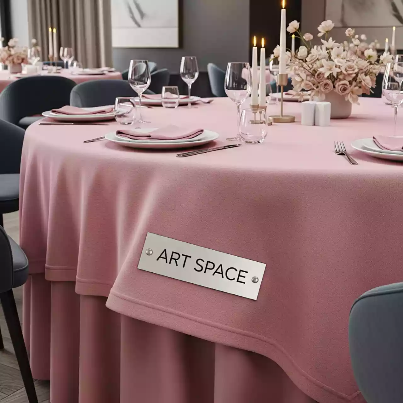 Аренда Скатерть бархатная пыльно розовая на круглый стол диаметром 180 см в ресторане «Voda» — ART SPACE