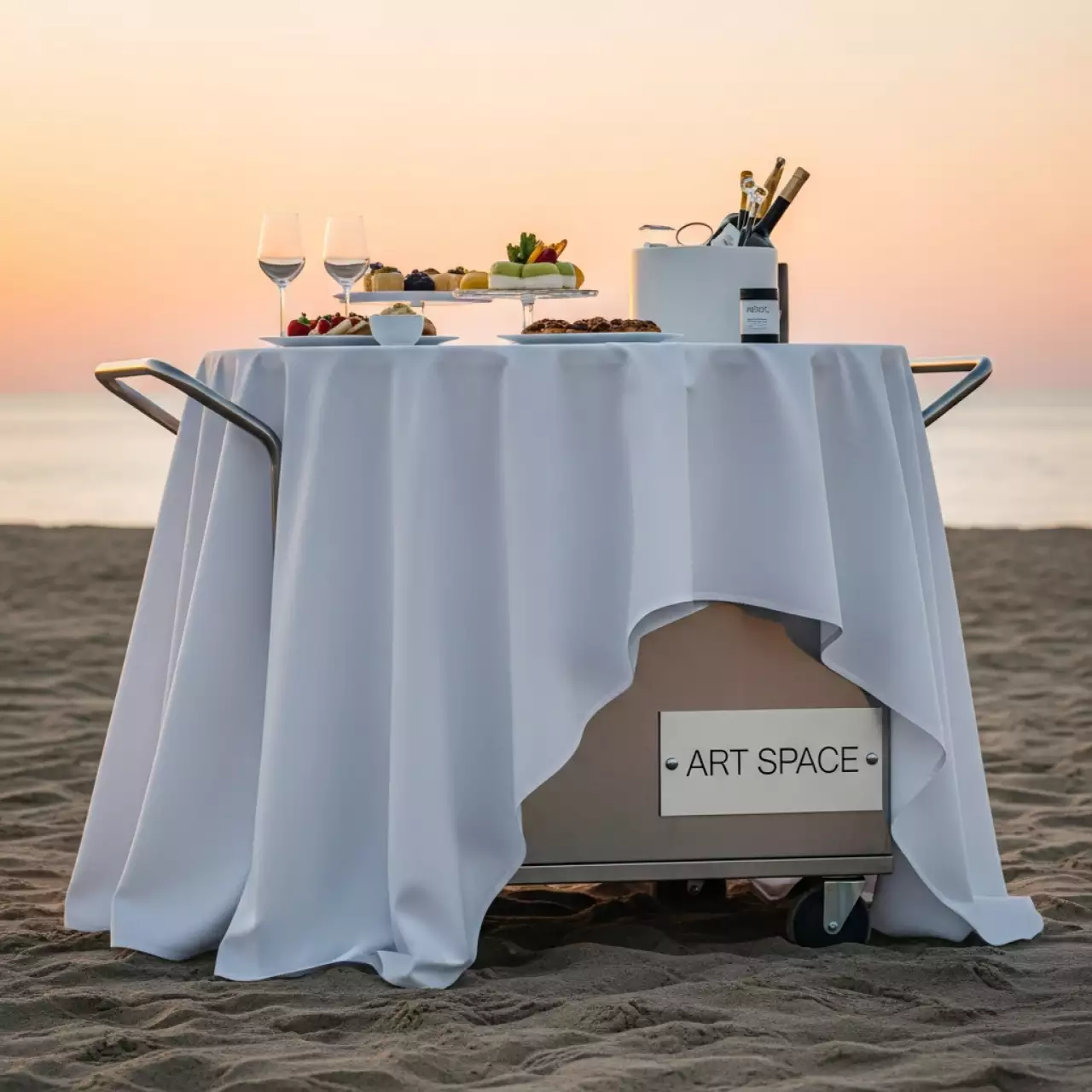 Аренда Скатерть белая 230 см для тележки для торта на пляже «Маяк» — ART SPACE