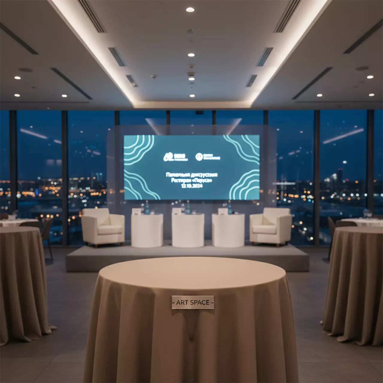 Аренда Скатерть бежевая круглая для коктейльного стола в ресторане «Паруса» — ART SPACE