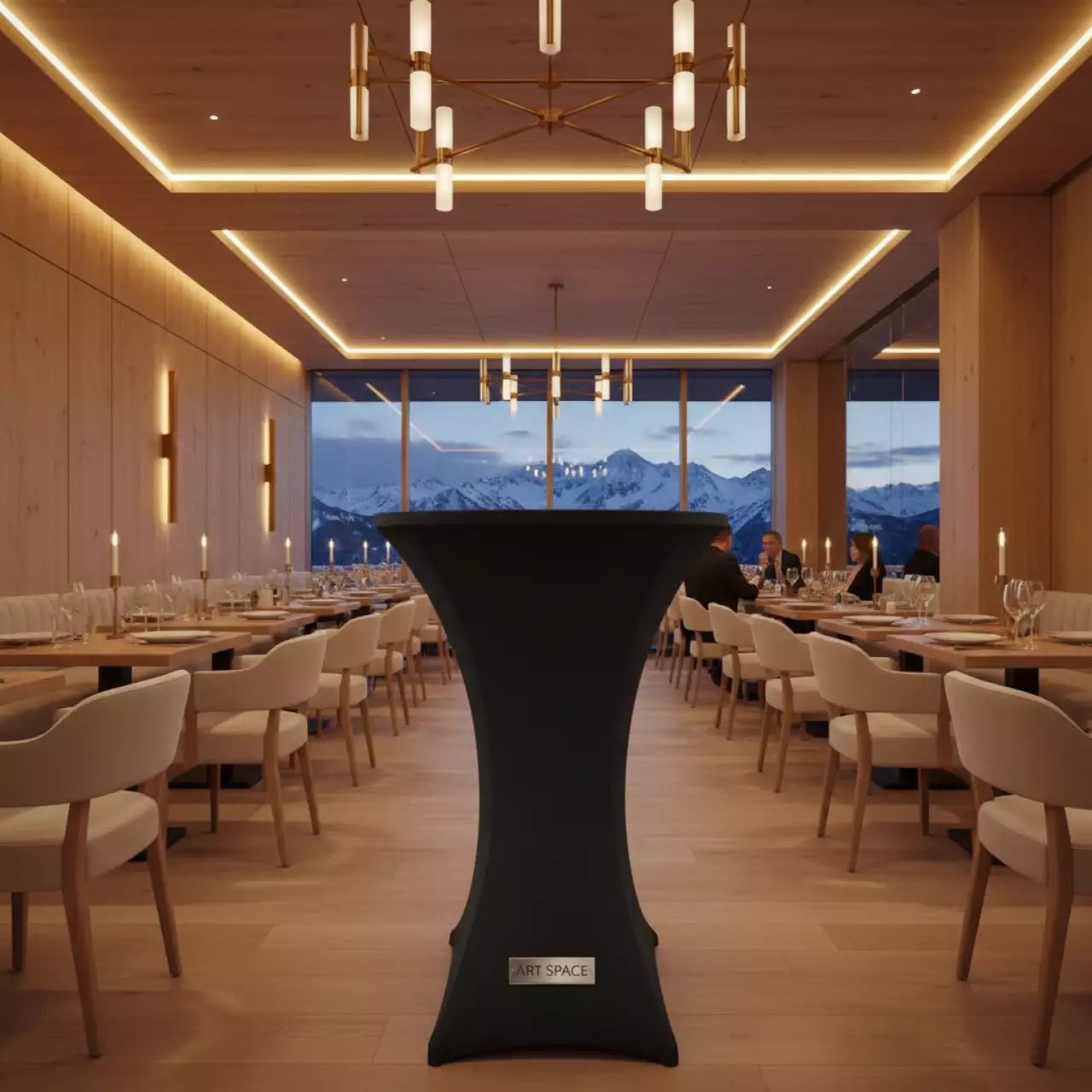 Аренда Скатерть черная стрейч D78 для коктейльного стола в ресторане «Высота 5642» — ART SPACE