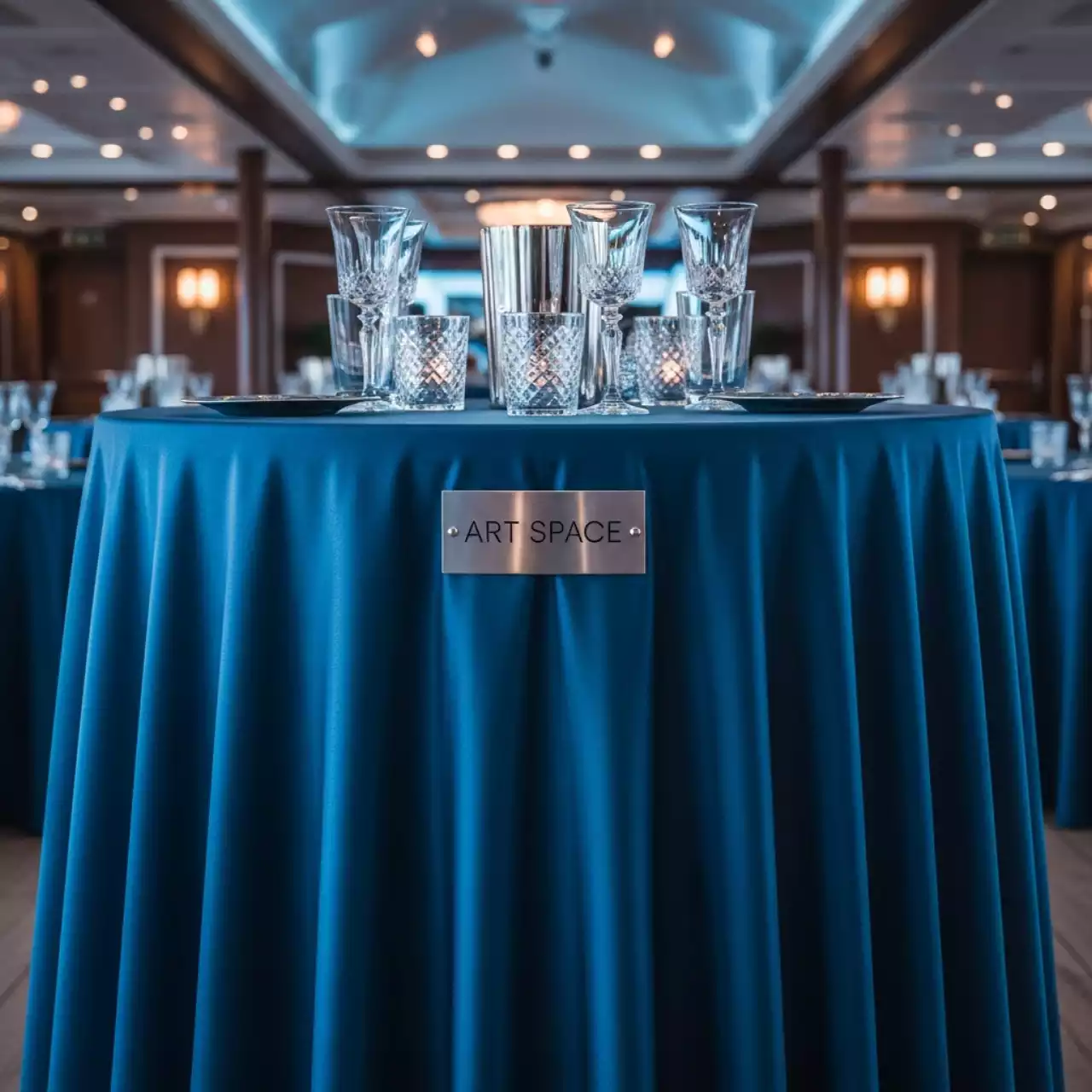 Аренда Скатерть голубая круглая для коктейльного стола на теплоходе «Дагомыс» — ART SPACE