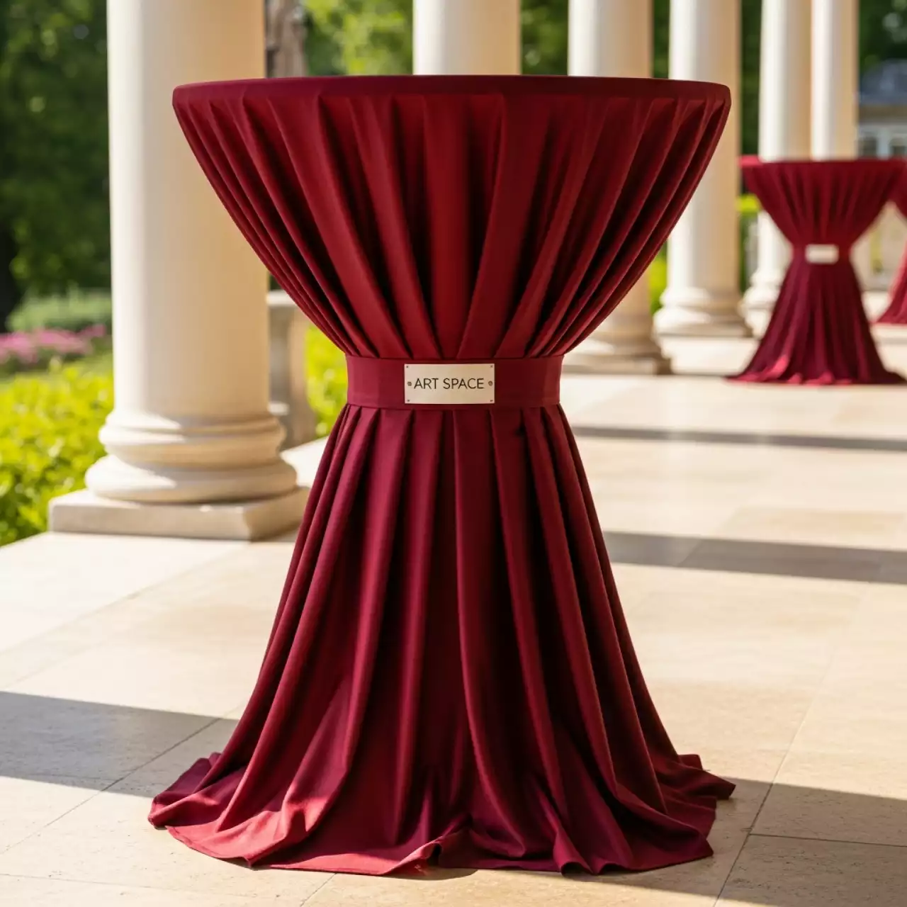 Аренда Скатерть красная круглая для коктейльного стола в усадьбе Голицына — ART SPACE