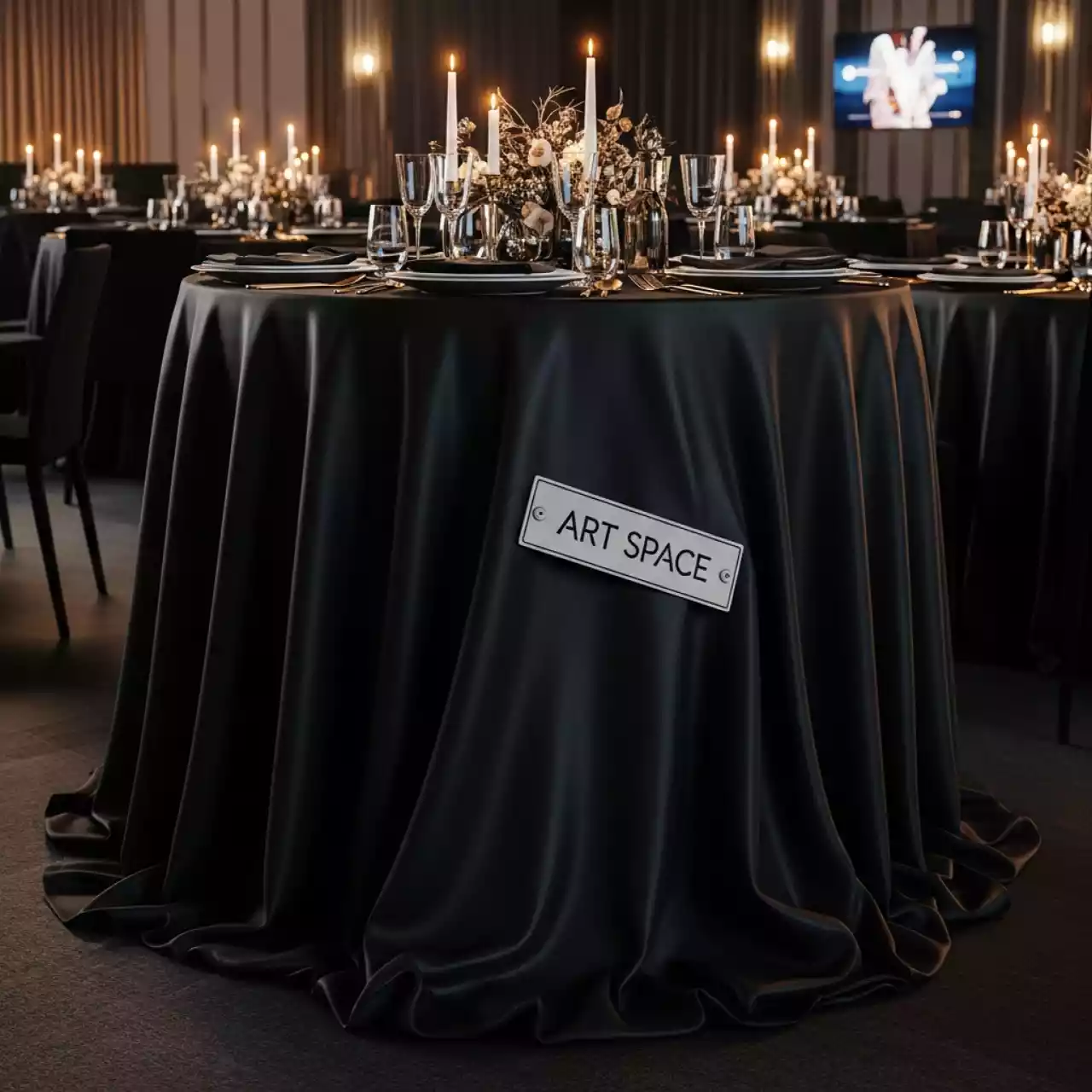 Аренда Скатерть круглая 3,2 м черная сатин Испания в Сириус Арене — ART SPACE