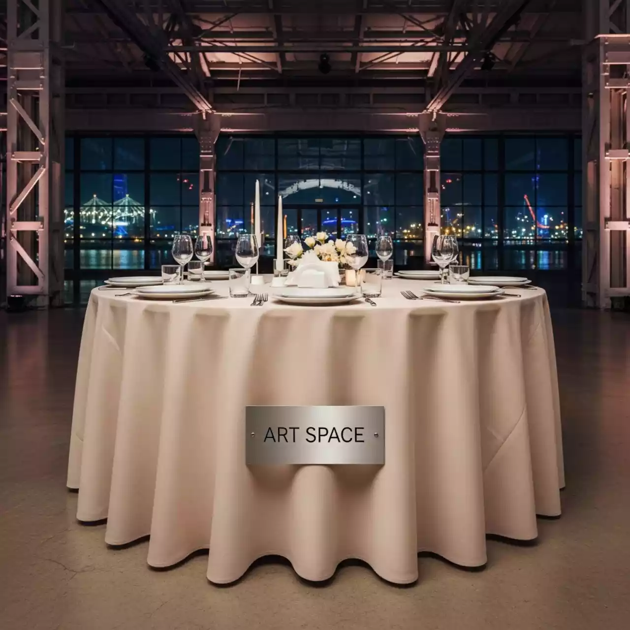 Аренда Скатерть круглая 3,2 м кокосовый раф на территории Морпорта Сочи — ART SPACE