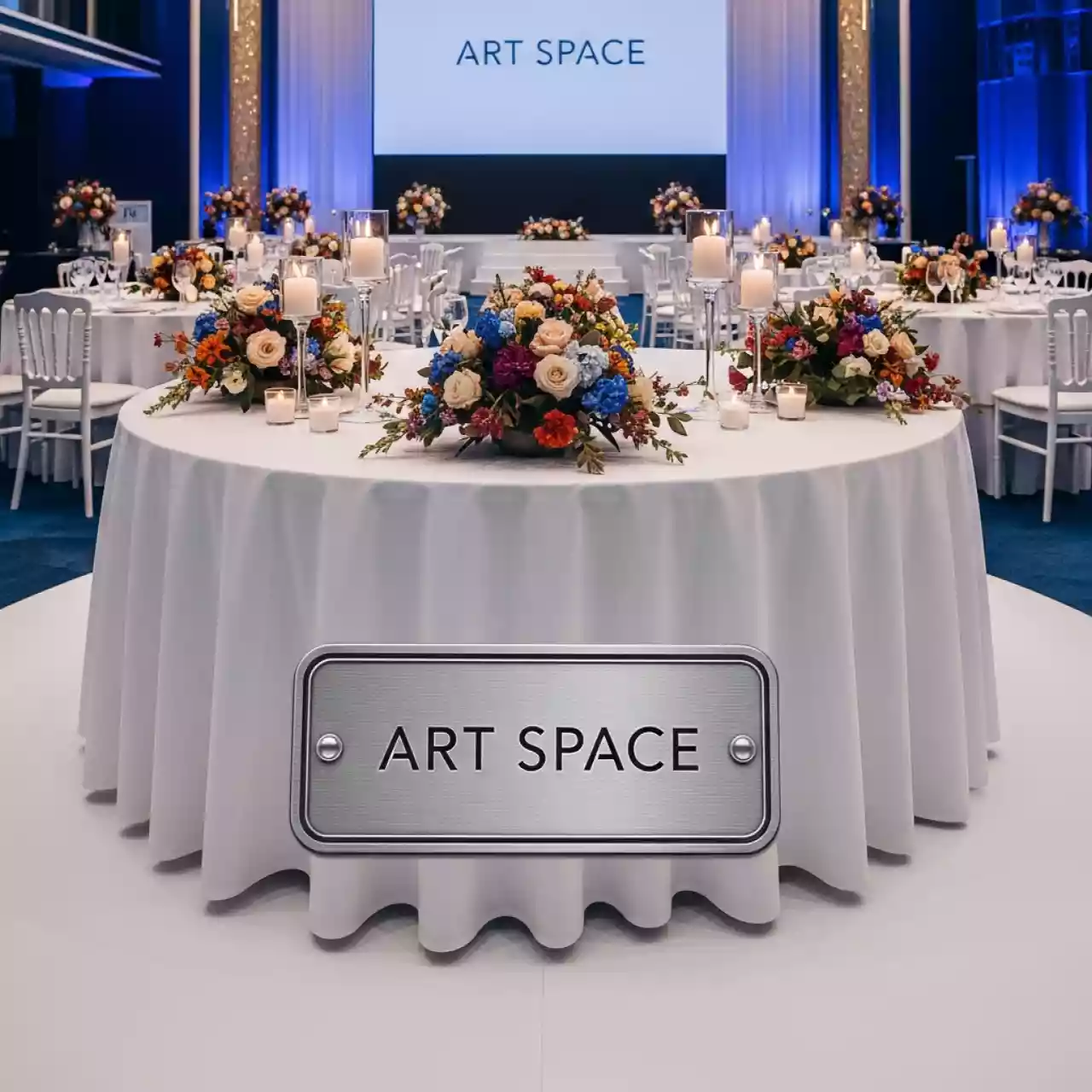 Аренда Скатерть круглая белая журавинка с обтачкой 3000 мм в комплексе Sea Galaxy — ART SPACE