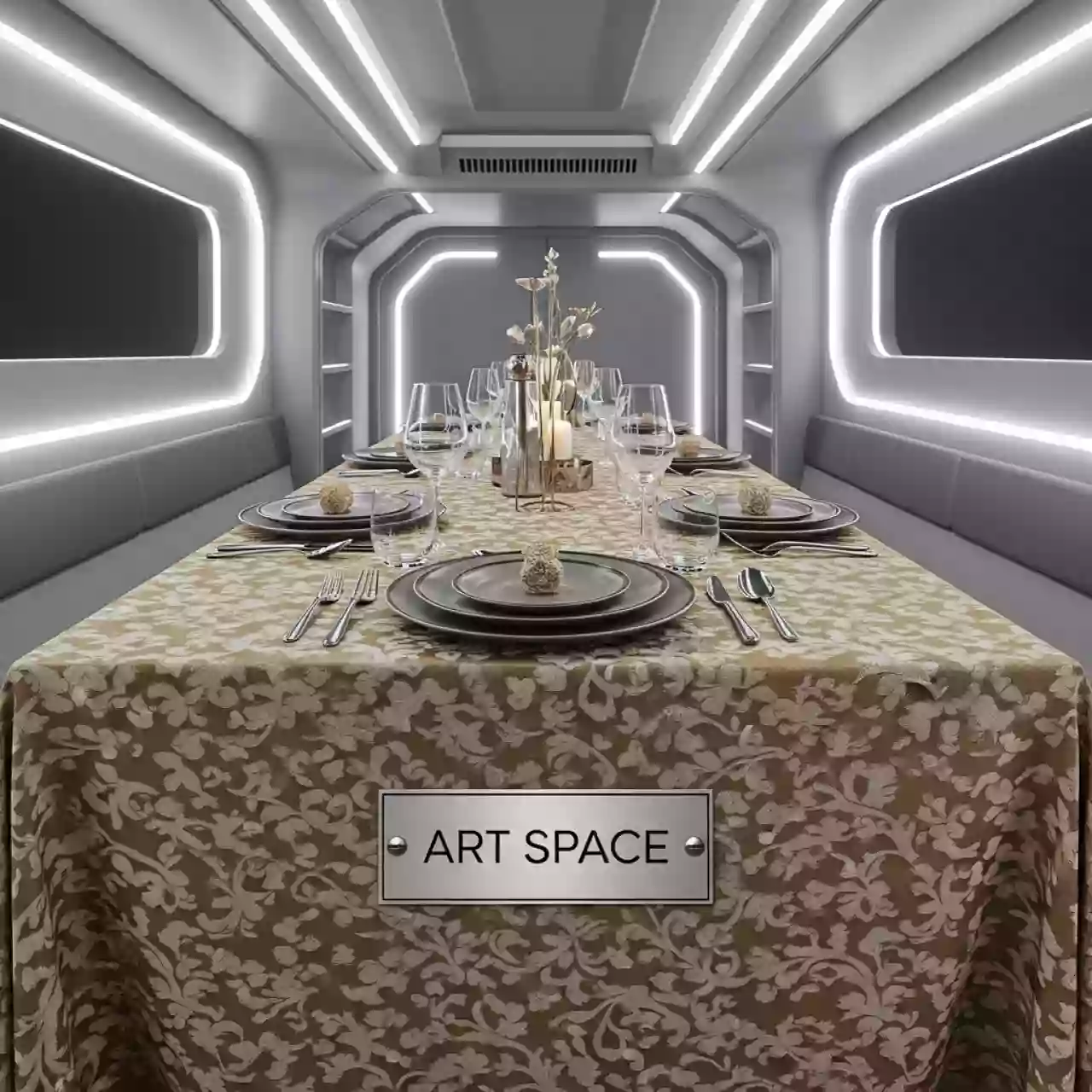 Аренда Скатерть круглая бежево золотая диаметр 280 см жаккард в санатории «Металлург» — ART SPACE