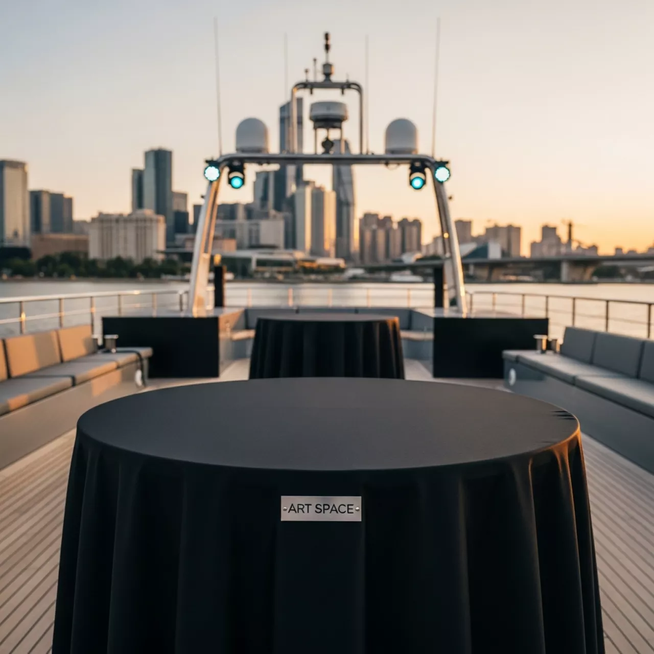 Аренда Скатерть круглая черная Сатен Испания 3,2 м на VIP-яхте (Имеретинский порт) — ART SPACE