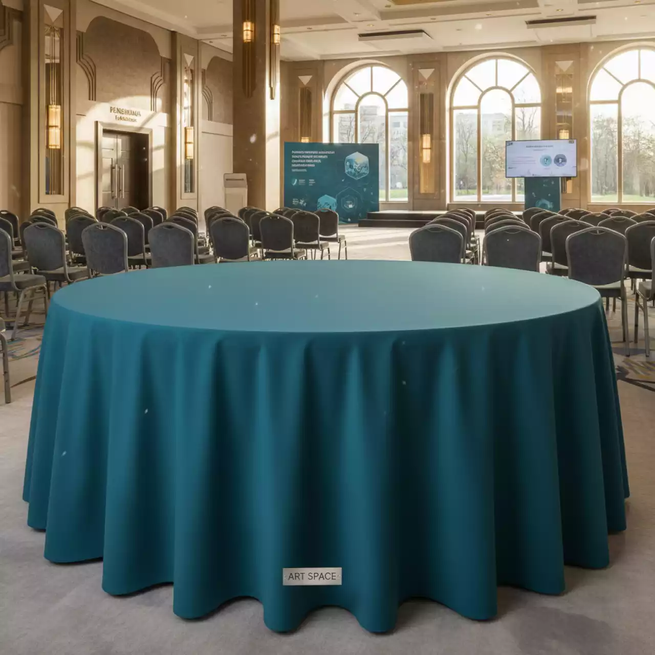 Аренда Скатерть круглая цвета морская волна диаметр 3,3 м в Panorama by Mercure — ART SPACE