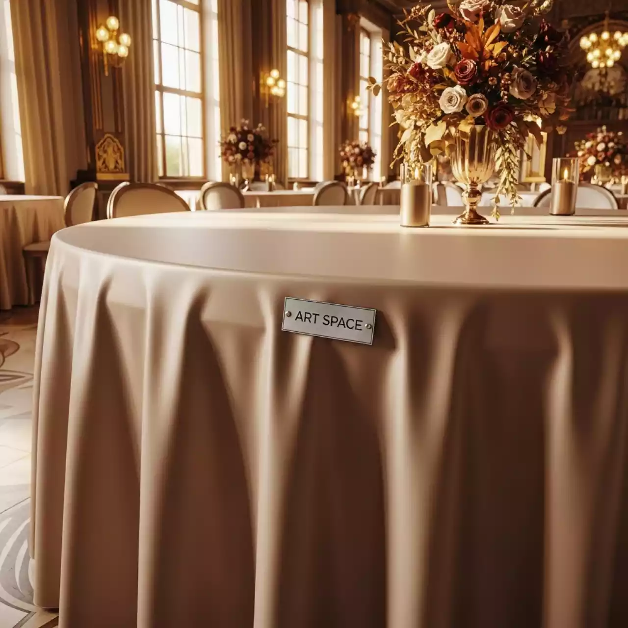 Аренда Скатерть круглая цвета шампань диаметр 3,2 м в санатории «Металлург» — ART SPACE