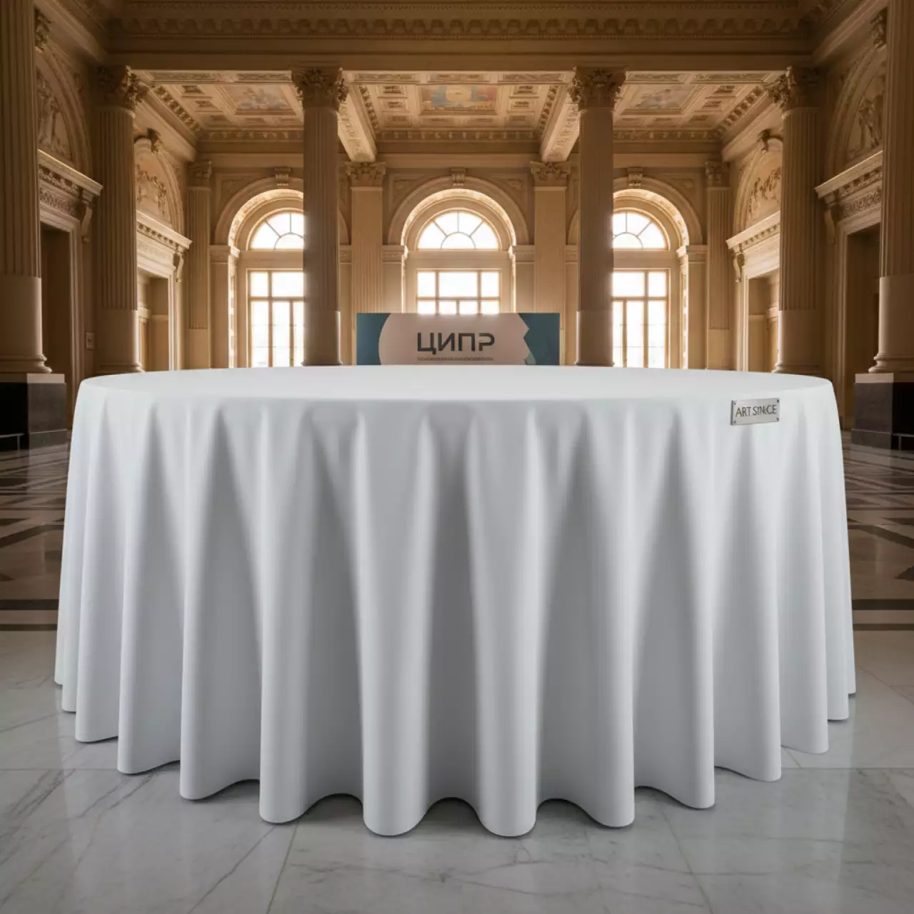 Аренда Скатерть круглая диаметр 3 м журавинка гладь белая в Зимнем театре — ART SPACE