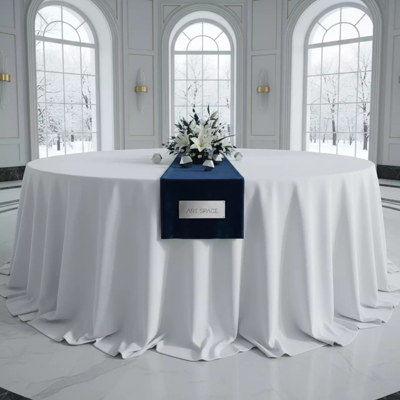 Аренда Скатерть круглая габардиновая белая 3300 мм в парке «Ривьера» — ART SPACE