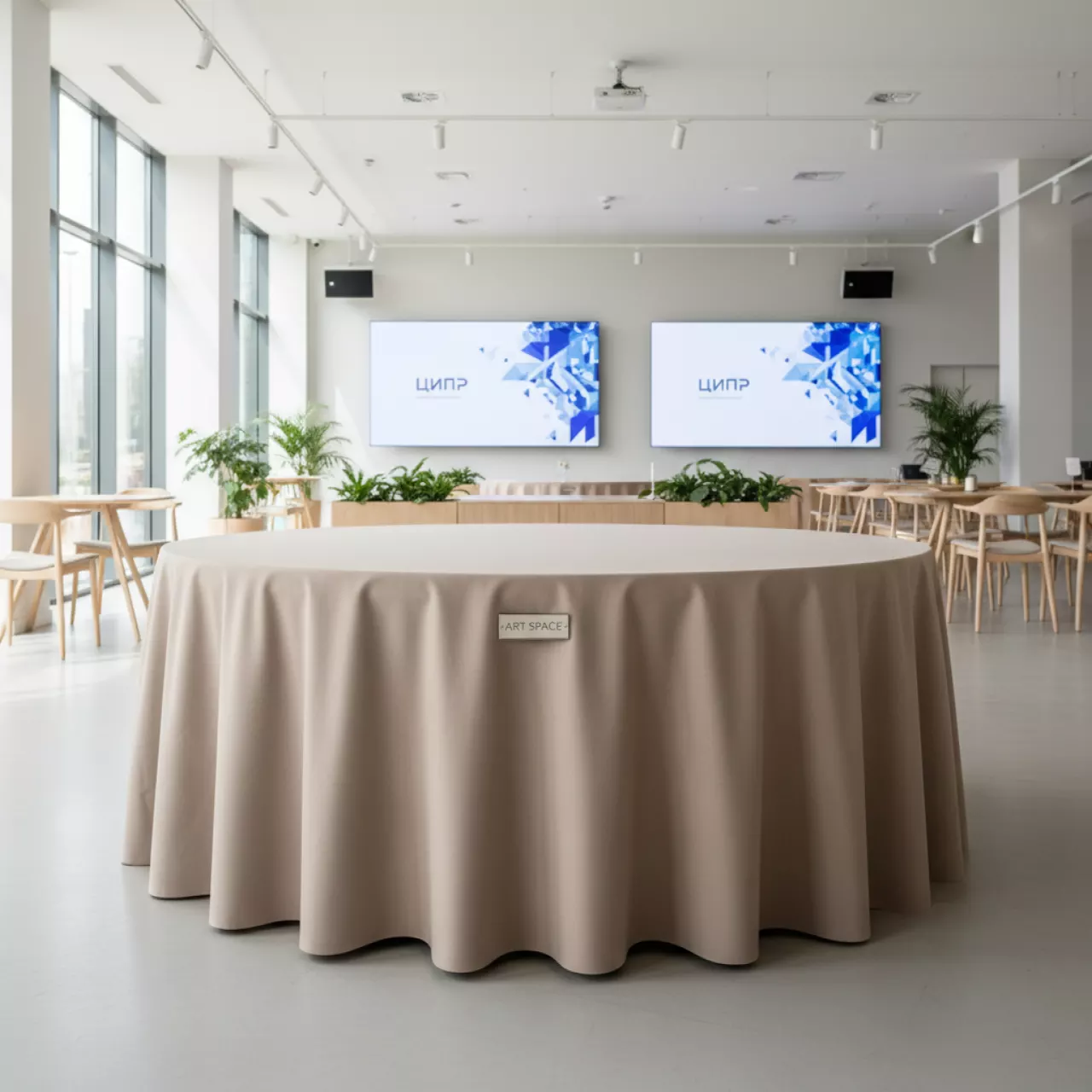 Аренда Скатерть круглая габардиновая бесшовная Тенор бежевая в ресторане «Высота 5642» — ART SPACE