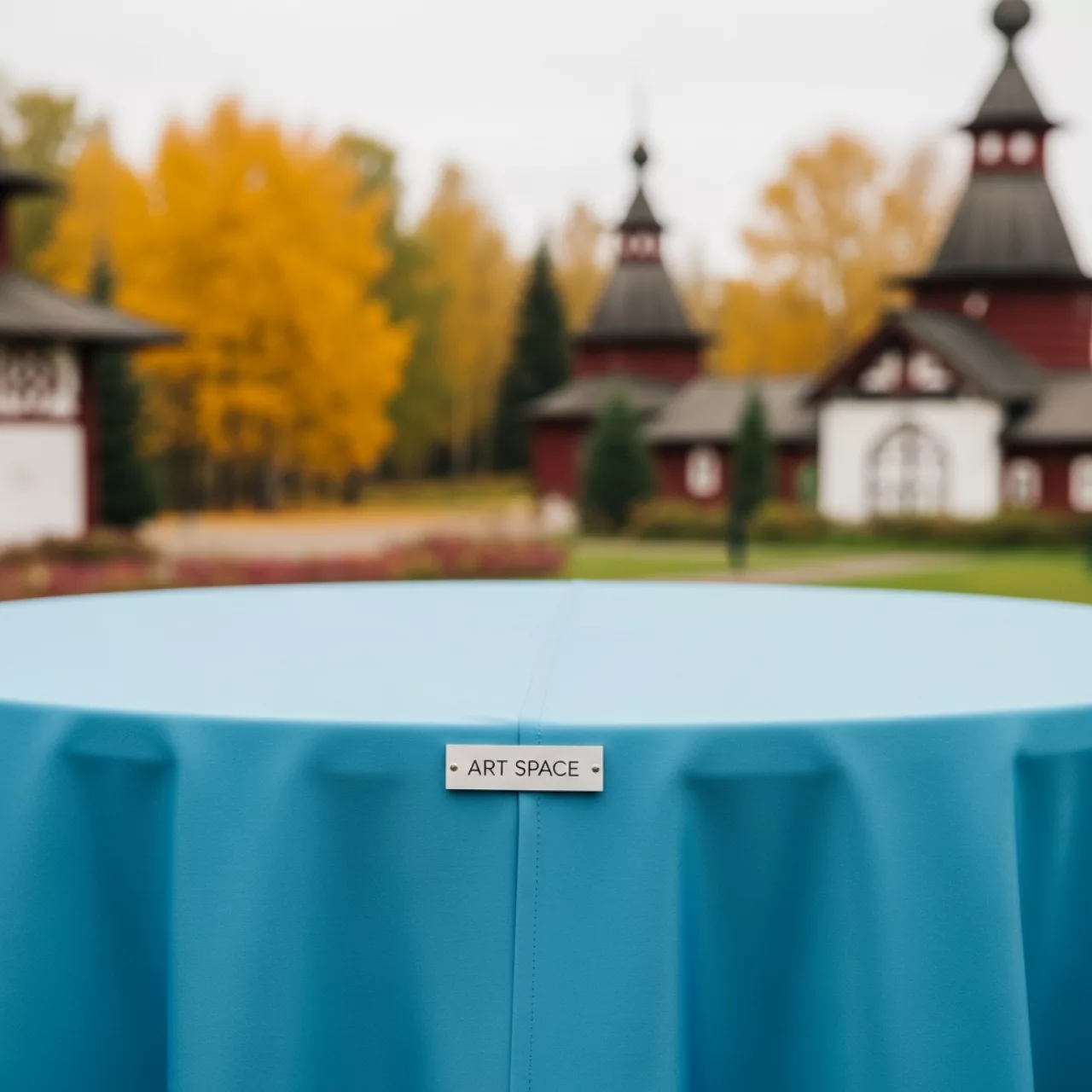 Аренда Скатерть круглая габардиновая бесшовная Тенор небесно голубая в этно-парке «Моя Россия» — ART SPACE