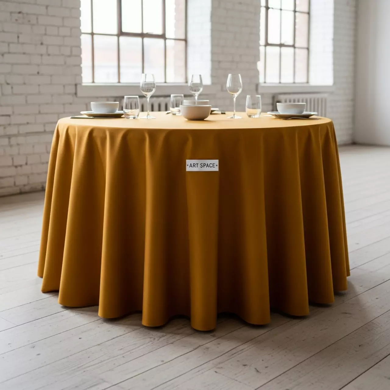 Аренда Скатерть круглая габардиновая горчичная 3000 мм в лофте «Студия 21» — ART SPACE