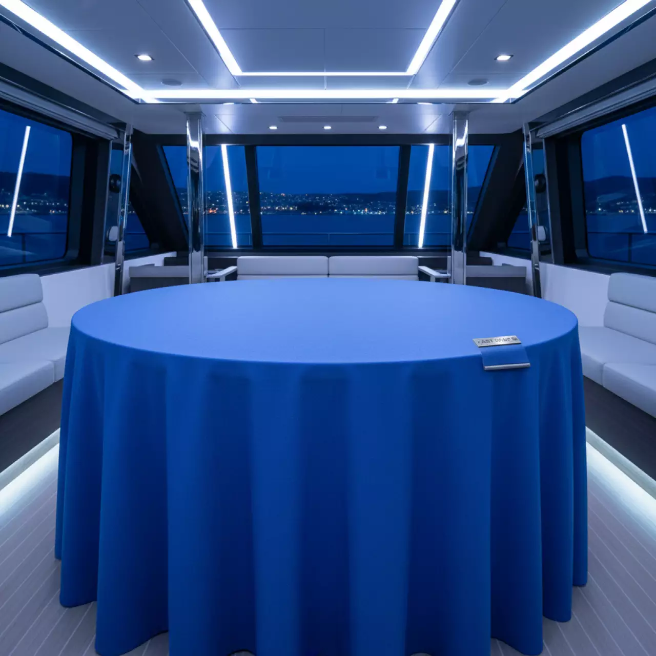 Аренда Скатерть круглая габардиновая васильковая 3300 мм на VIP теплоходе (Морпорт Сочи) — ART SPACE