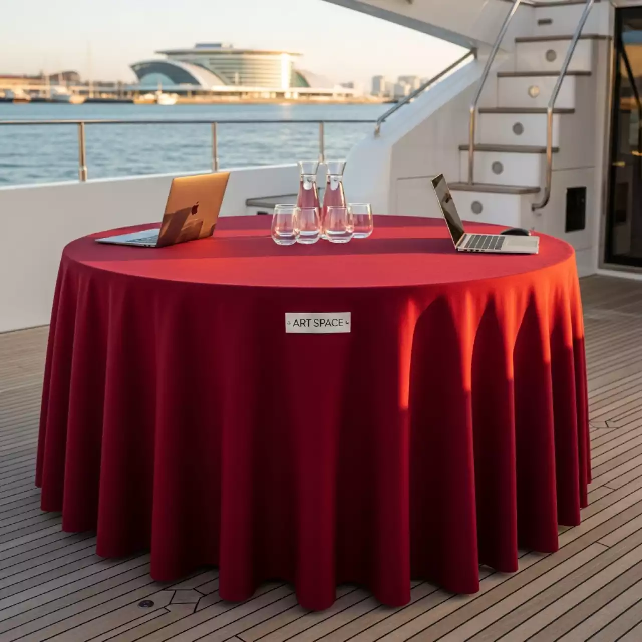 Аренда Скатерть круглая красная 3,2 м на VIP-яхте (Имеретинский порт) — ART SPACE