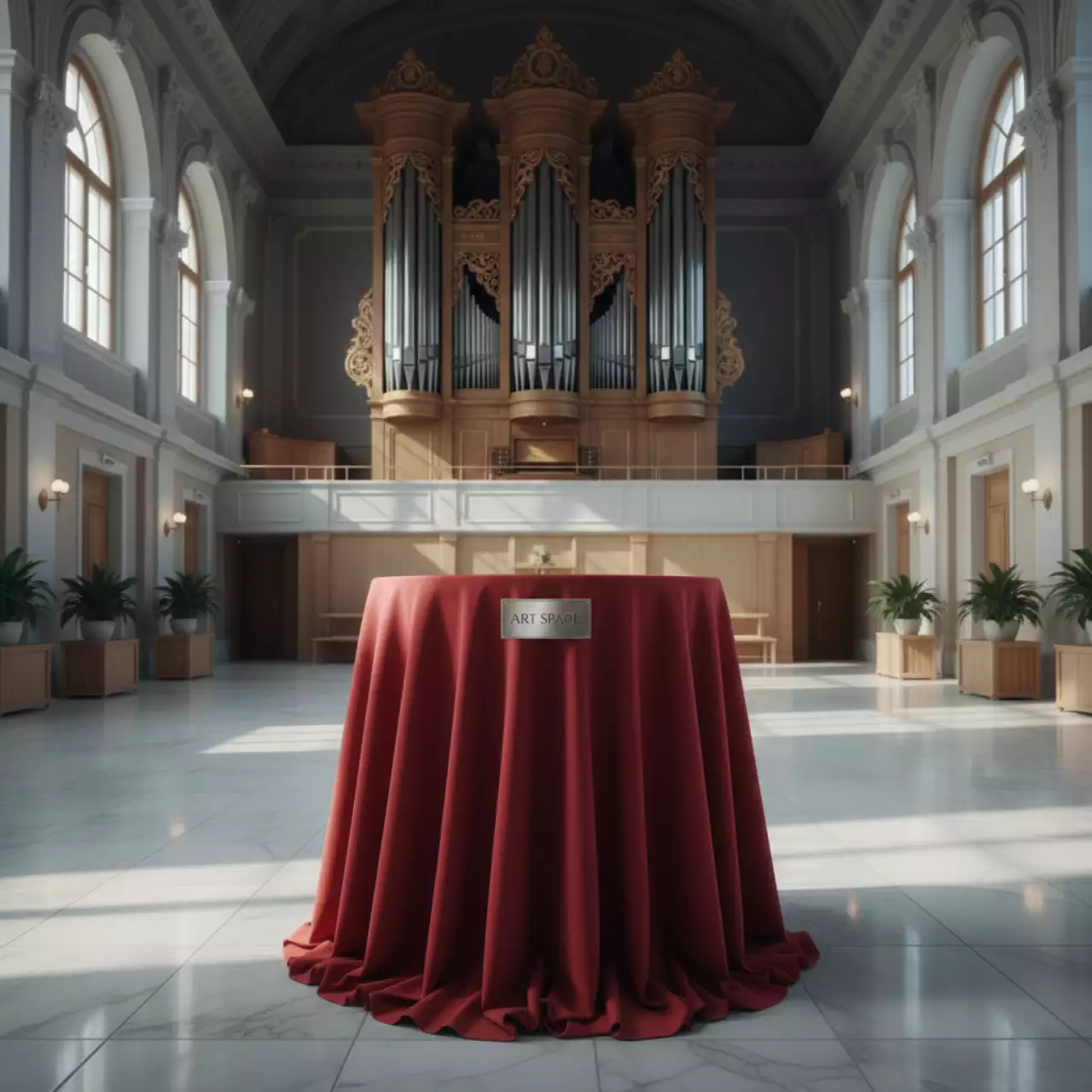 Аренда Скатерть круглая красная для коктейльного стола в Зале органной и камерной музыки — ART SPACE