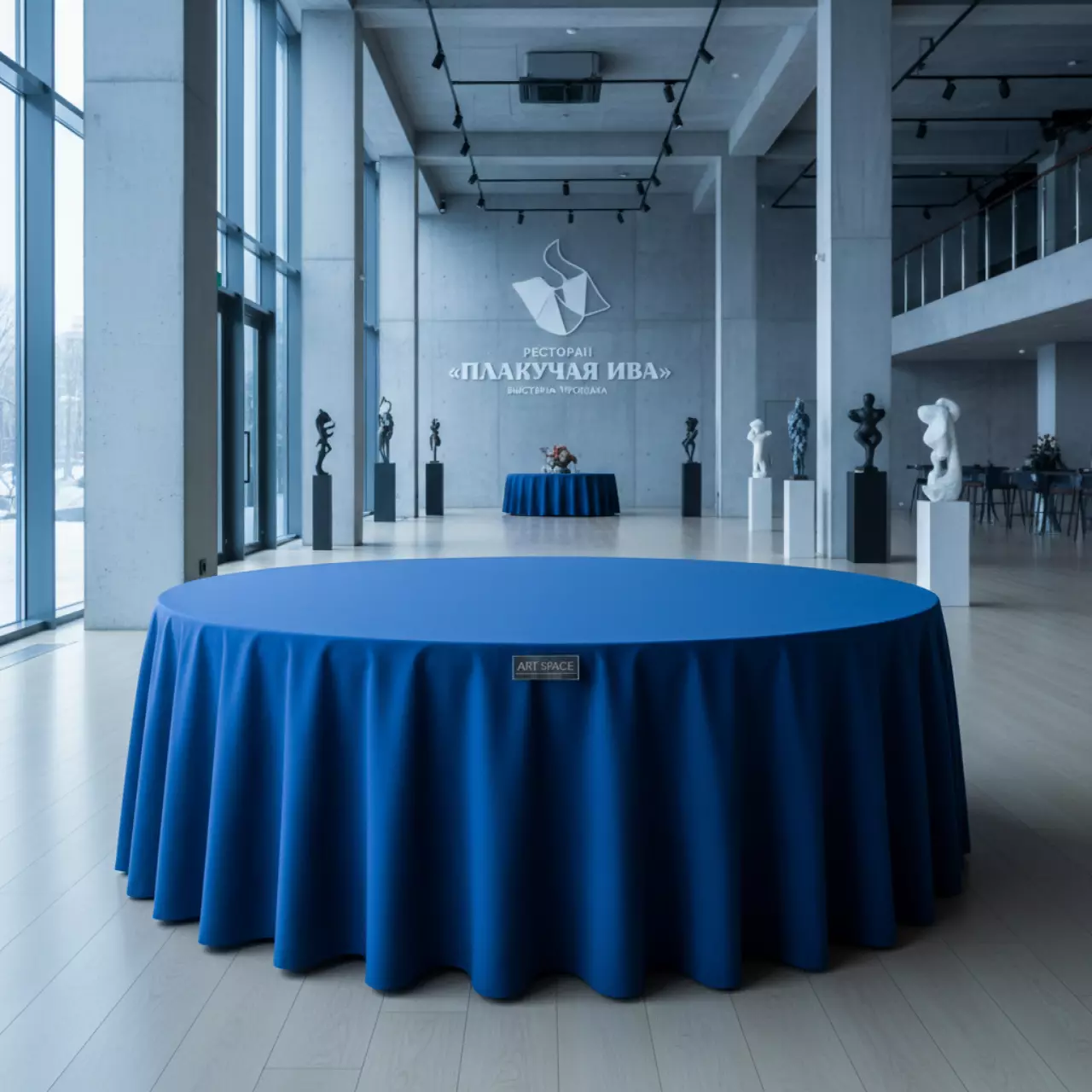 Аренда Скатерть круглая синего цвета 3,3 м в ресторане «Плакучая Ива» — ART SPACE