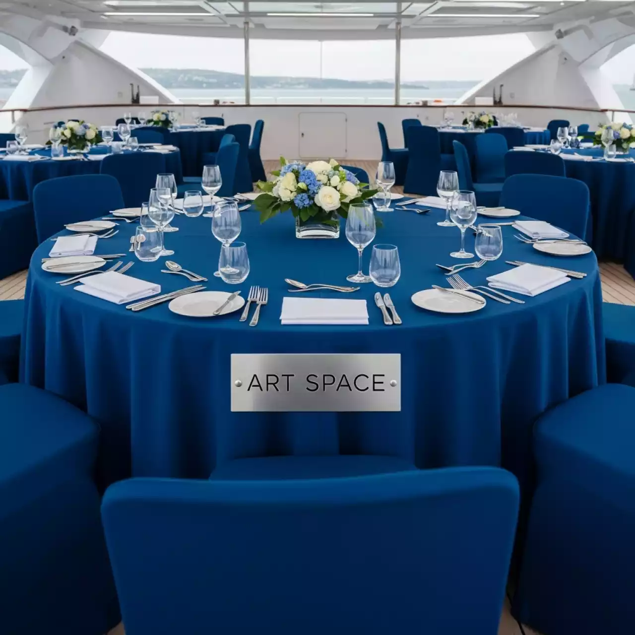 Аренда Скатерть круглая синего цвета диаметр 3,3 м на VIP теплоходе (Морпорт Сочи) — ART SPACE