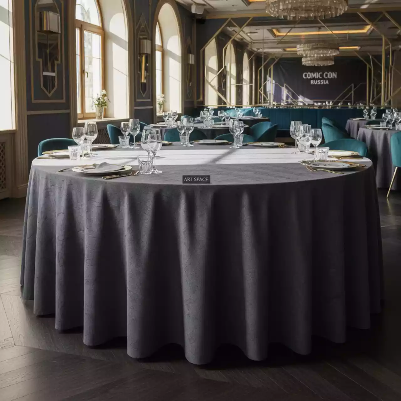 Аренда Скатерть круглая темно серая диаметр 3 м в ресторане «Voda» — ART SPACE
