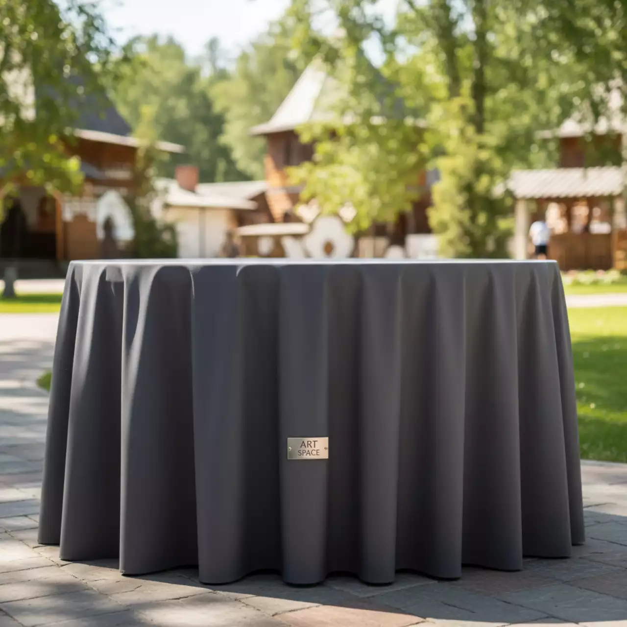 Аренда Скатерть круглая темно серого цвета 2,3 м в этно-парке «Моя Россия» — ART SPACE