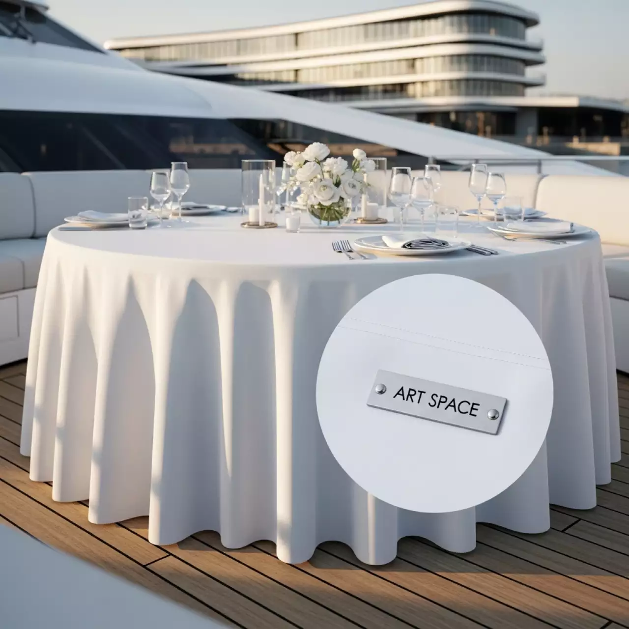 Аренда Скатерть круглая журавинка белая гладь диаметр 2,2 м на VIP-яхте (Имеретинский порт) — ART SPACE
