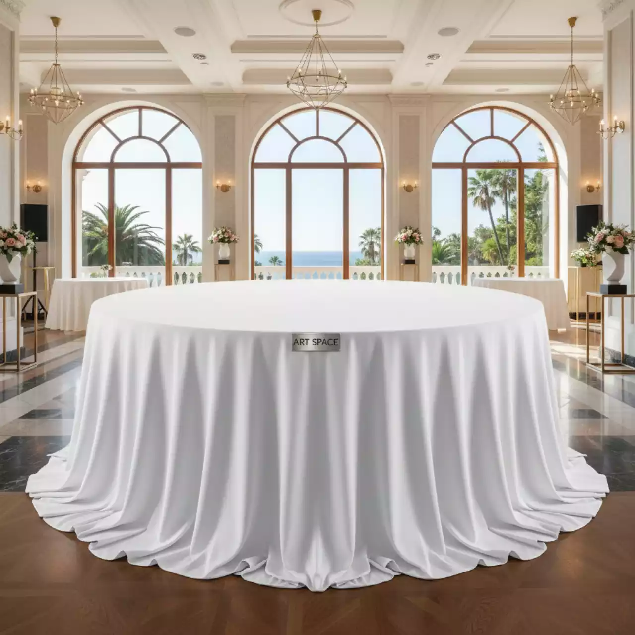 Аренда Скатерть круглая журавинка белая гладь диаметр 3 м в санатории «Черноморье» — ART SPACE