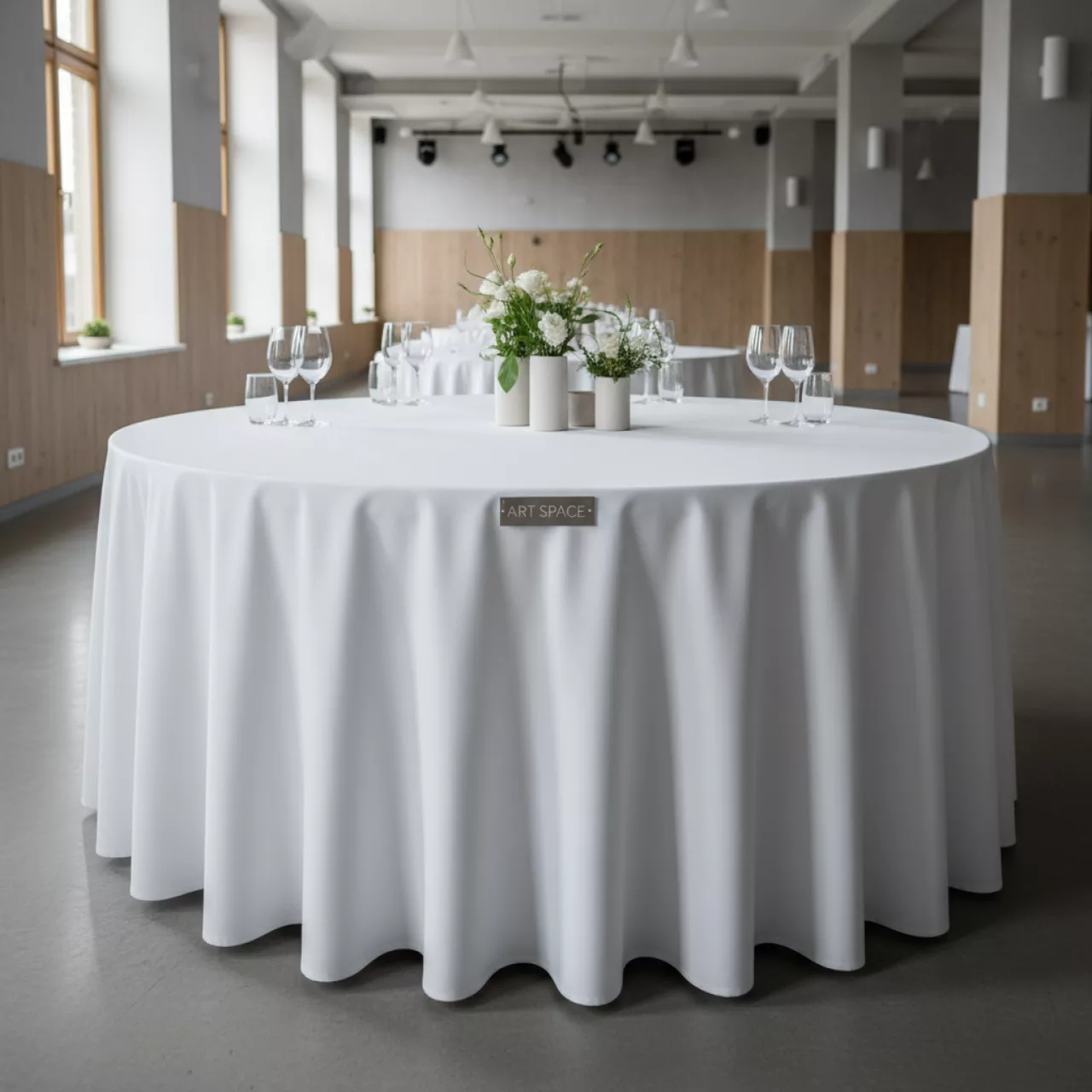 Аренда Скатерть круглая журавинка белая гладь со стачным швом диаметр 3 м в банкетном зале «Дельфин» — ART SPACE