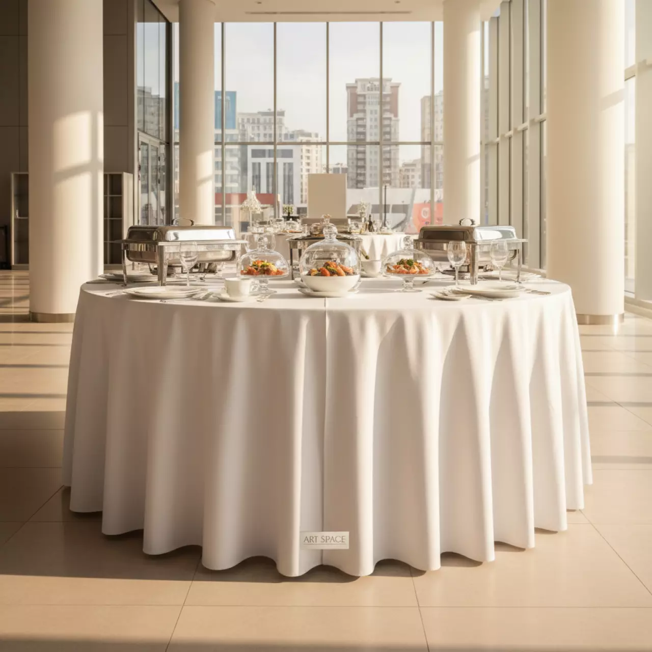 Аренда Скатерть круглая журавинка гладь белая 2 стачных шва диаметр 3 м в комплексе Sea Galaxy — ART SPACE