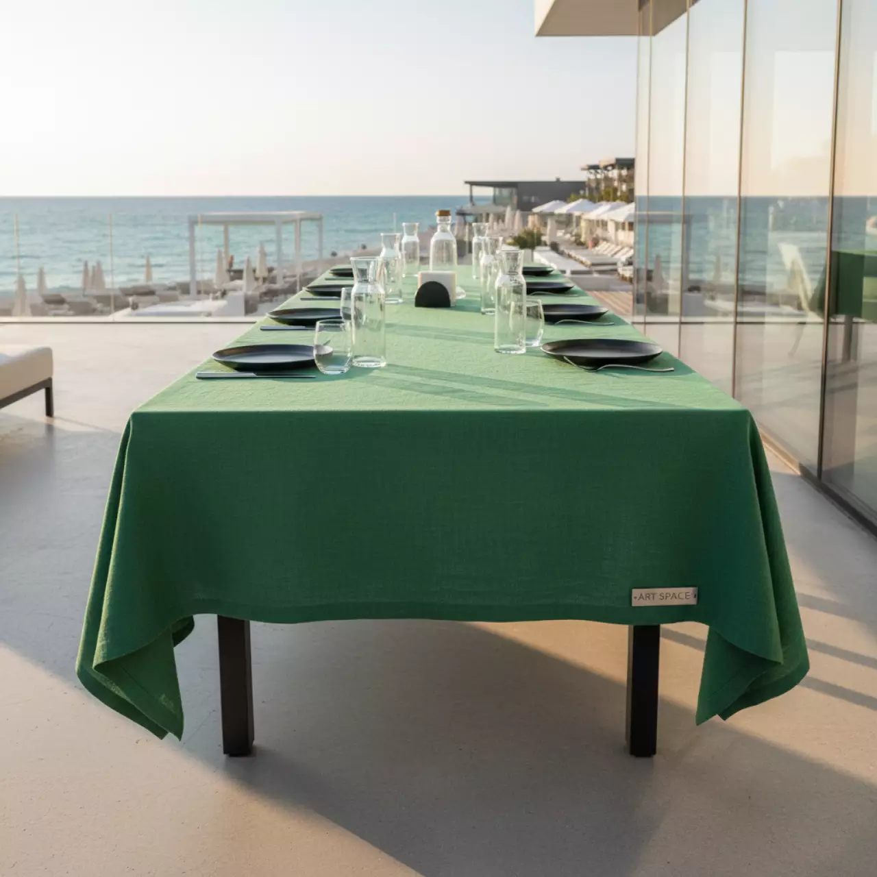 Аренда Скатерть Лен лесной зеленый на пляже «Маяк» — ART SPACE