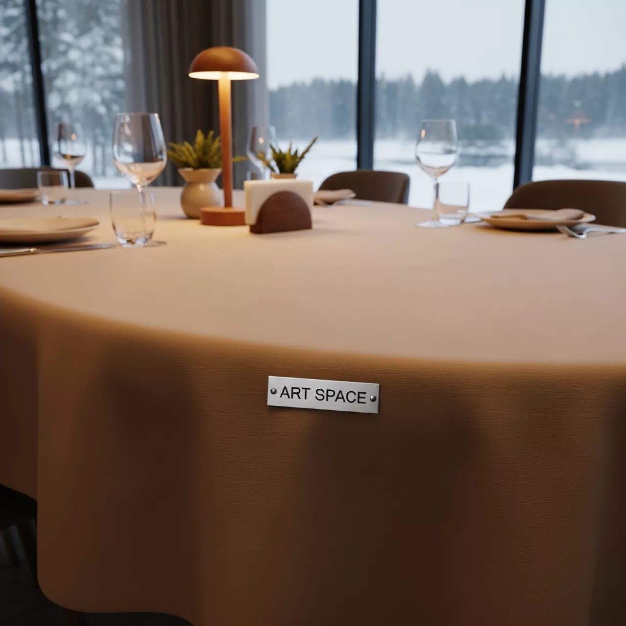 Аренда Скатерть овальная 1400х900 мм журавинка цвет кофе с молоком гладкая без шва в ресторане «Высота 5642» — ART SPACE