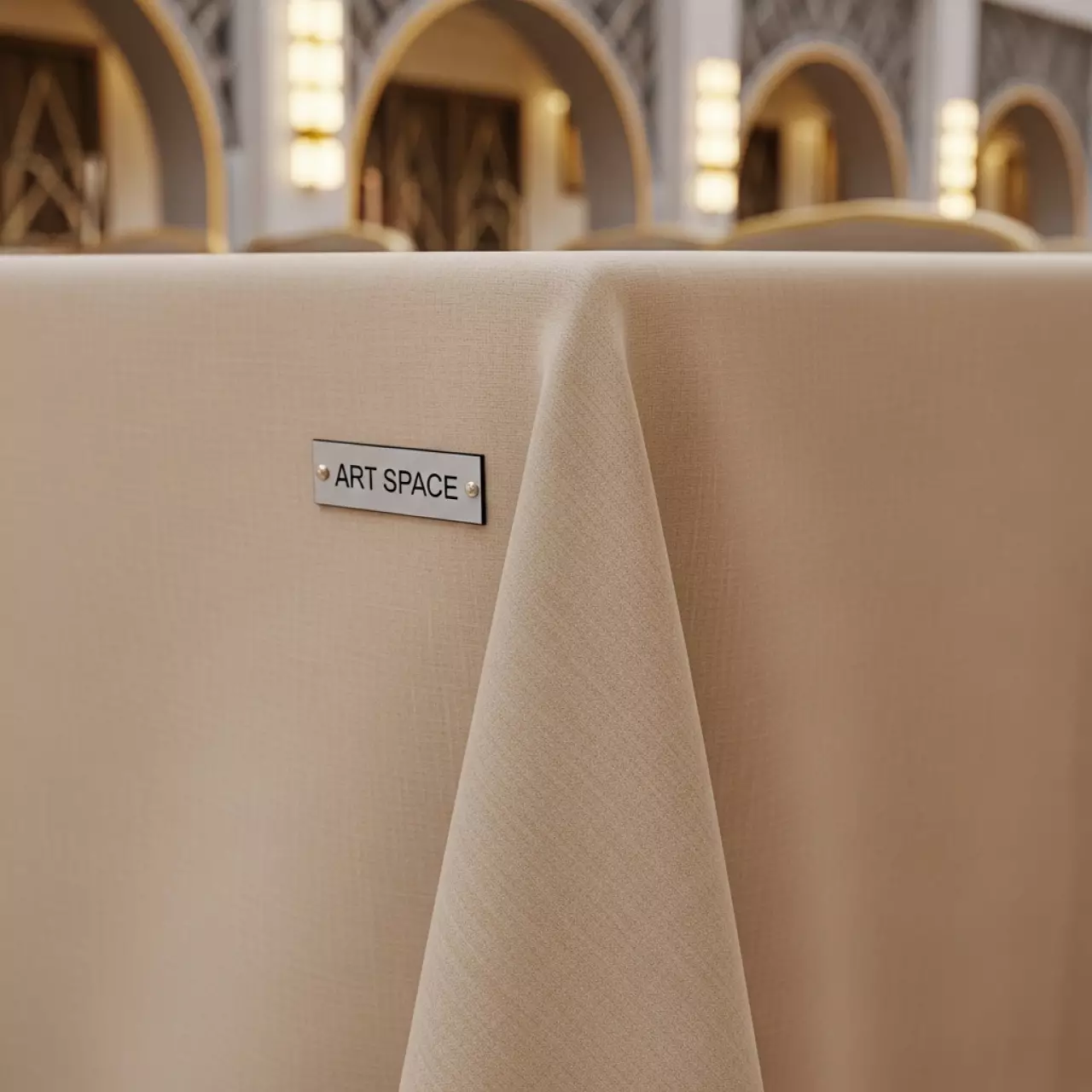 Аренда Скатерть прямоугольная 1,5х2,5 м бежевая ткань Барби в ледовом дворце «Роза Хутор» — ART SPACE