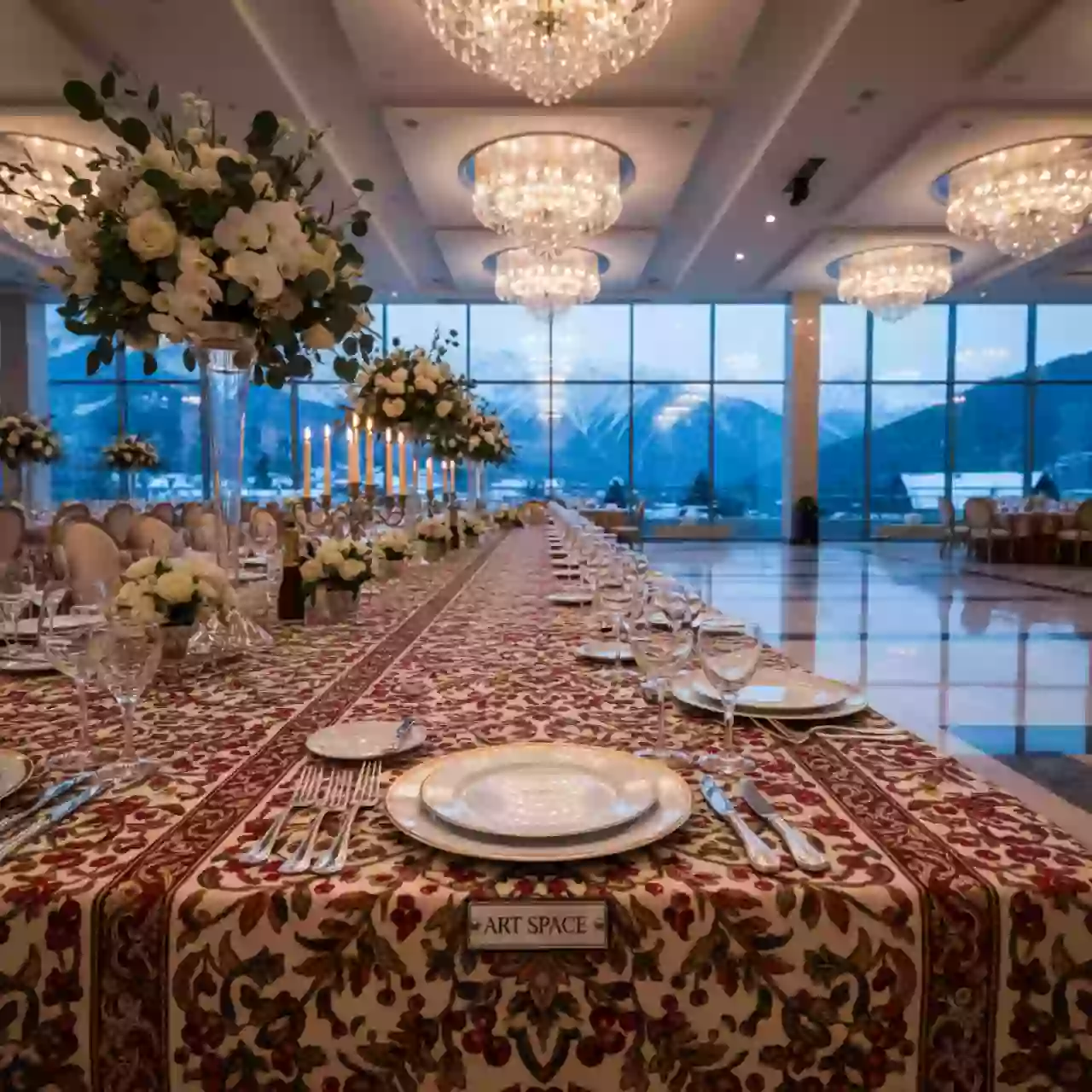 Аренда Скатерть прямоугольная 2400х1700 журавинка белая гладь в Rixos Krasnaya Polyana — ART SPACE