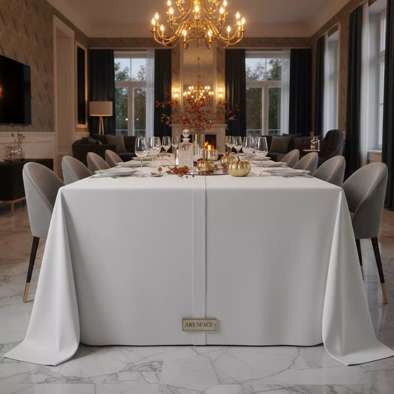 Аренда Скатерть прямоугольная 3000х2300 в пол журавинка белая гладь со стачным швом на вилле «Анна» — ART SPACE