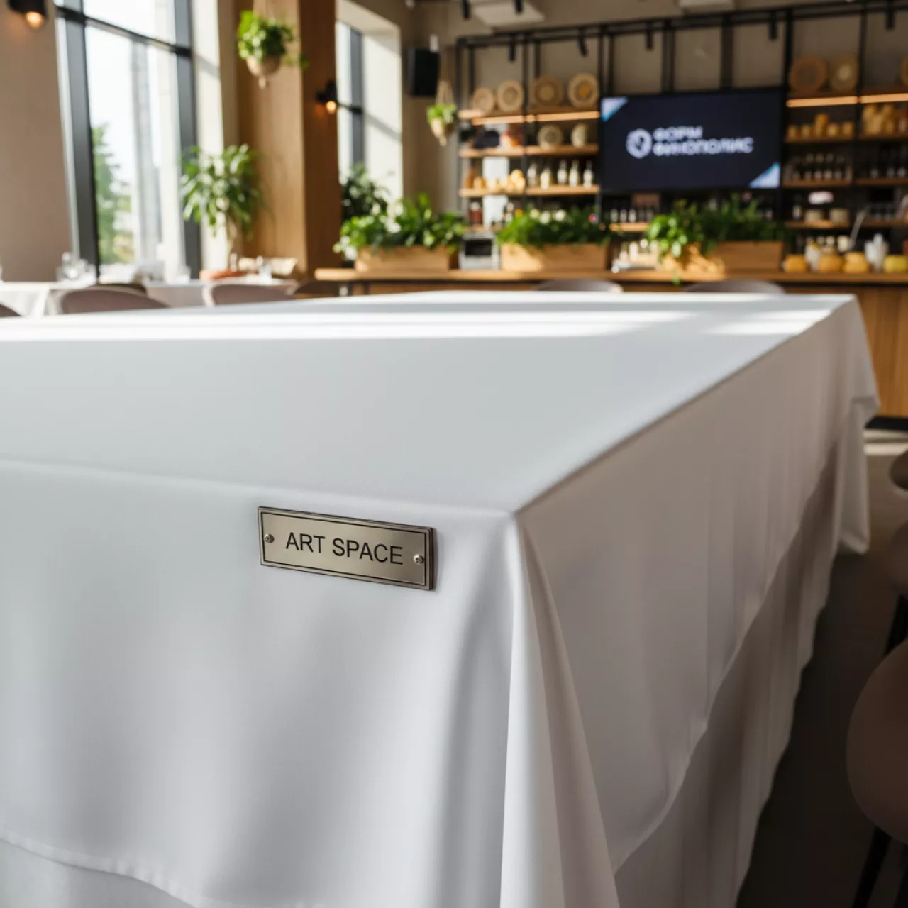 Аренда Скатерть прямоугольная 3000х2300 журавинка белая гладь в ресторане «Сыроварня» — ART SPACE