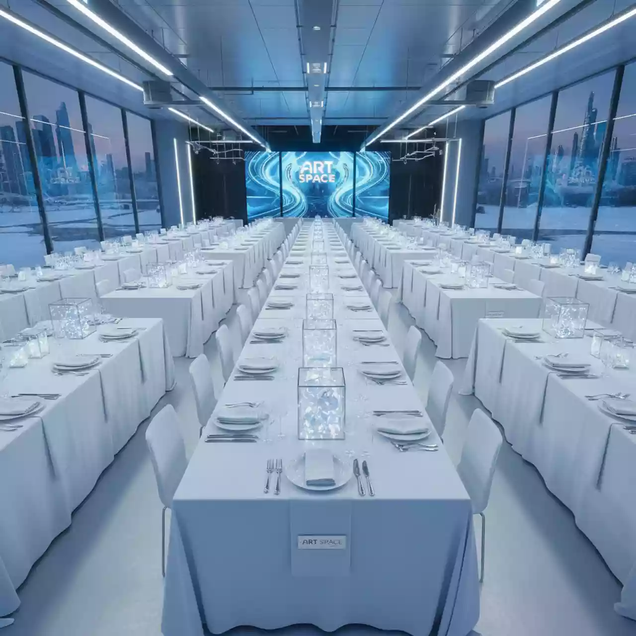 Аренда Скатерть прямоугольная белая гладь журавинка 2500х1450 мм в ресторане «Магеллан» — ART SPACE